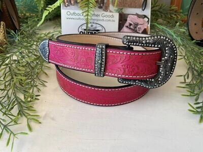 Pink Western Floral Belt with Grey Diamonte Buckle Set