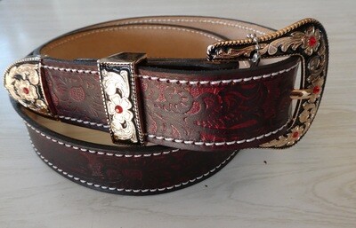 Red/Black Western Floral Belt with black /gold and Ruby Buckle Set