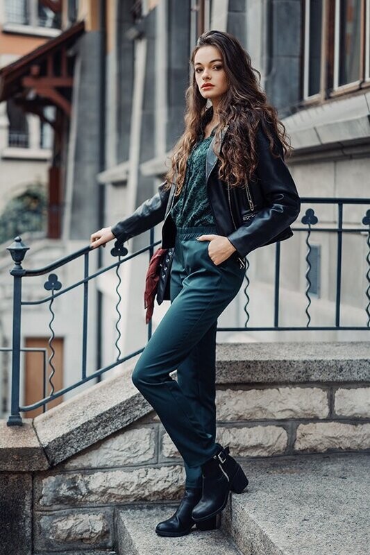 Pantalon stretch vert pétrole