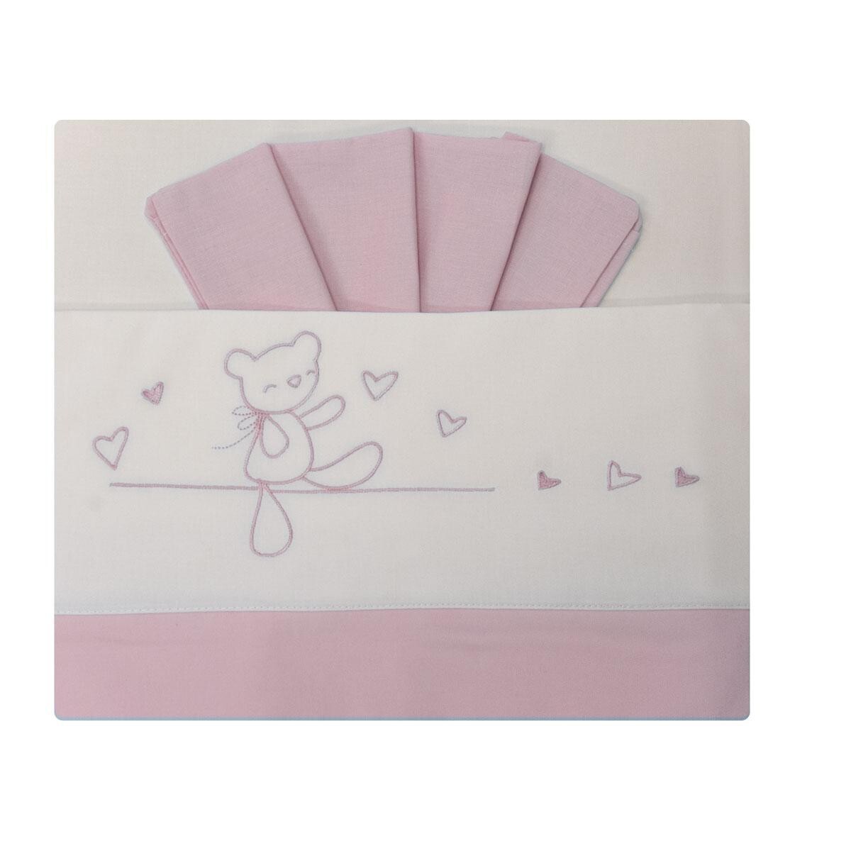 Fantasy Set Lenzuola con Ricamo Teddy Bear Culla/Carrozzina Rosa