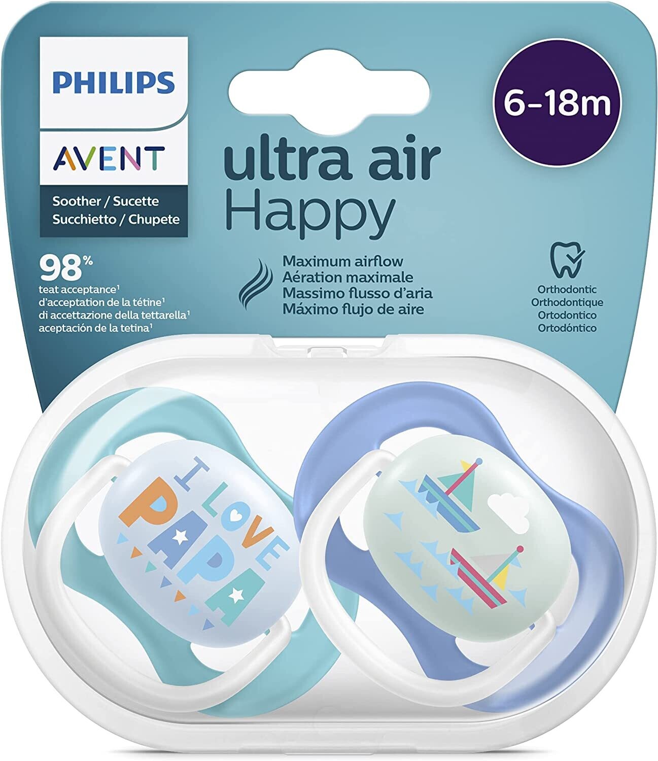 Philips Avent Ultra Air Happy Papà/Barca 6-18 mesi, 2 Succhietti