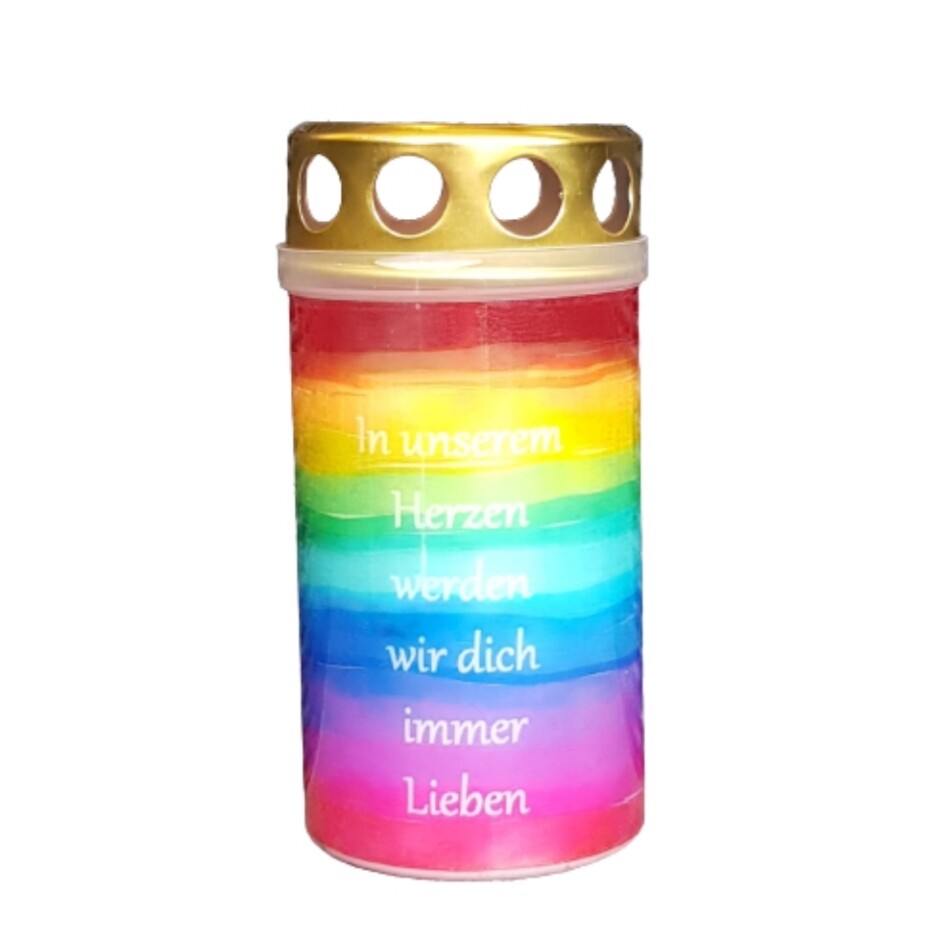 Regenbogengrabkerze mit Wunschtext WEIS *22*