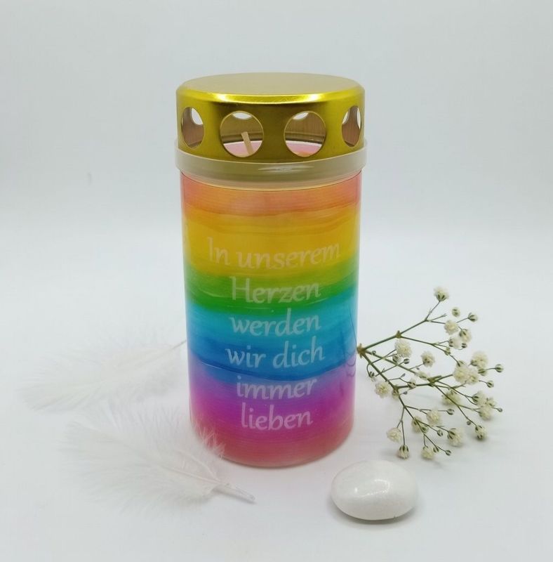 Regenbogengrabkerze mit Wunschtext WEIS *22*