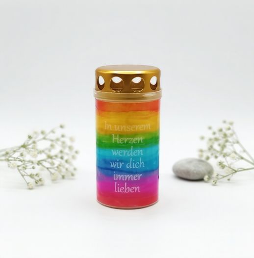 Regenbogengrabkerze mit Wunschtext WEIS *22*
