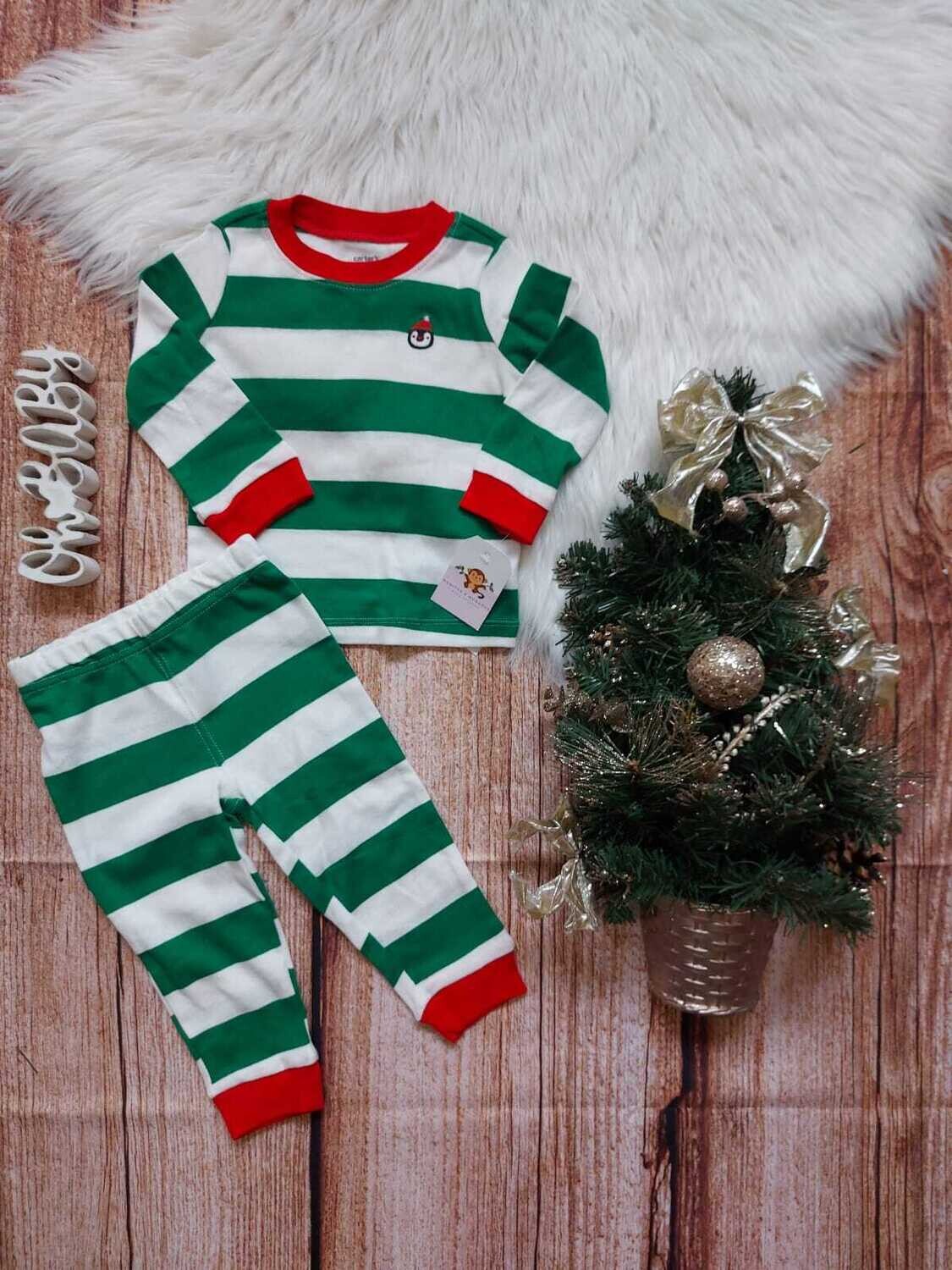 Pijama navideña 2 piezas Carter's, Busito + pantalón a rayas verdes y blancas, 12m