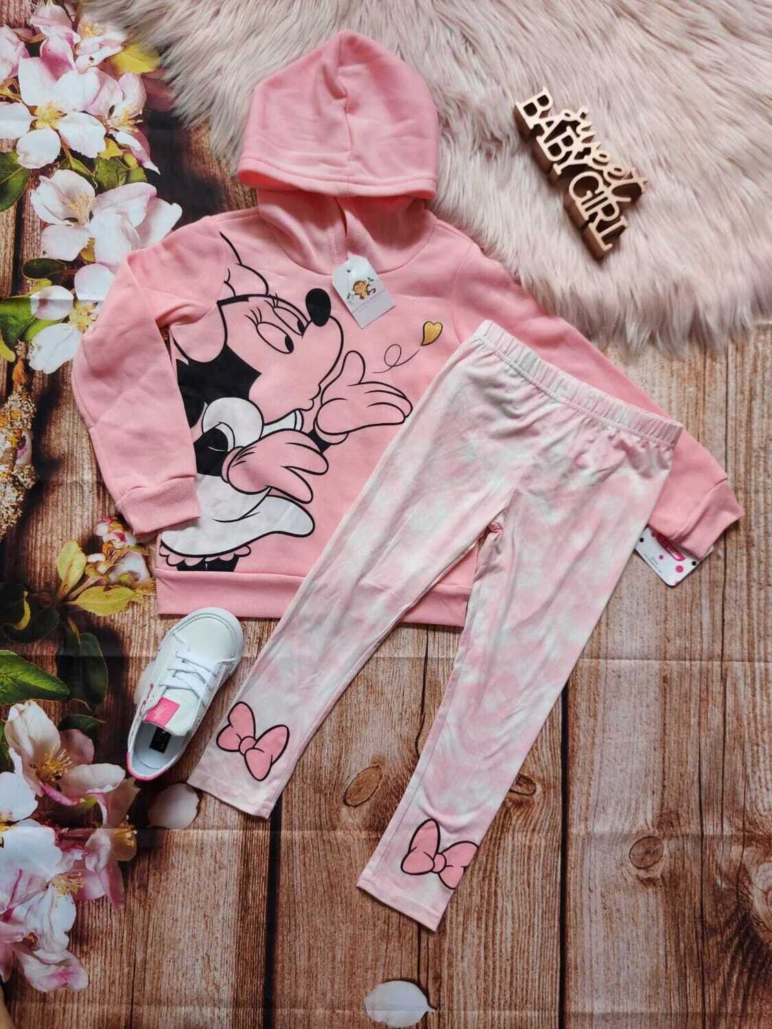 Set 2 piezas Minnie Mouse, abrigo con capucha rosado + leggins estilo Tie dye rosados, 5T