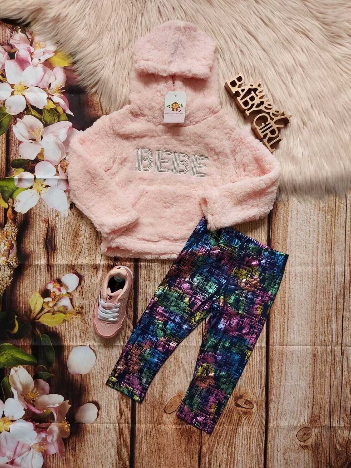 Set 2 piezas bebe girls, abrigo afelpado rosado + leggins multicolor, 2T
