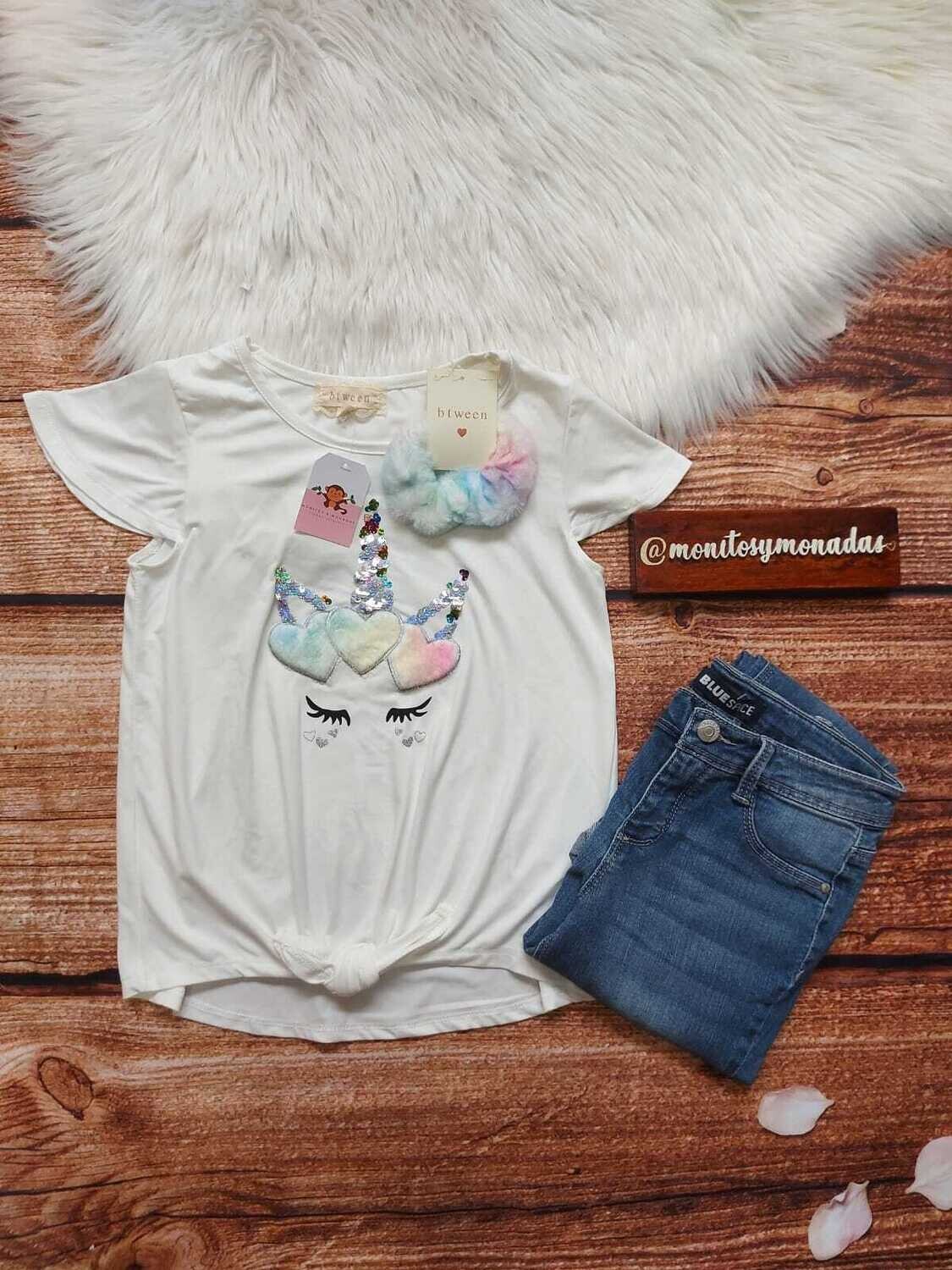 Blusa tela durazno,  beige de unicornio + moño, 10 años