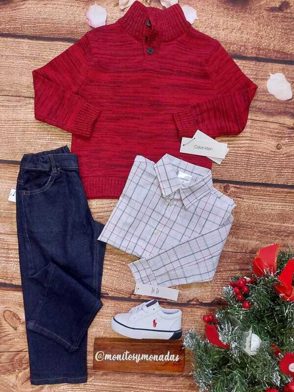 Set 3 piezas Calvin Klein, Camisa blanca + busito rojo + pantalón jean, 3T