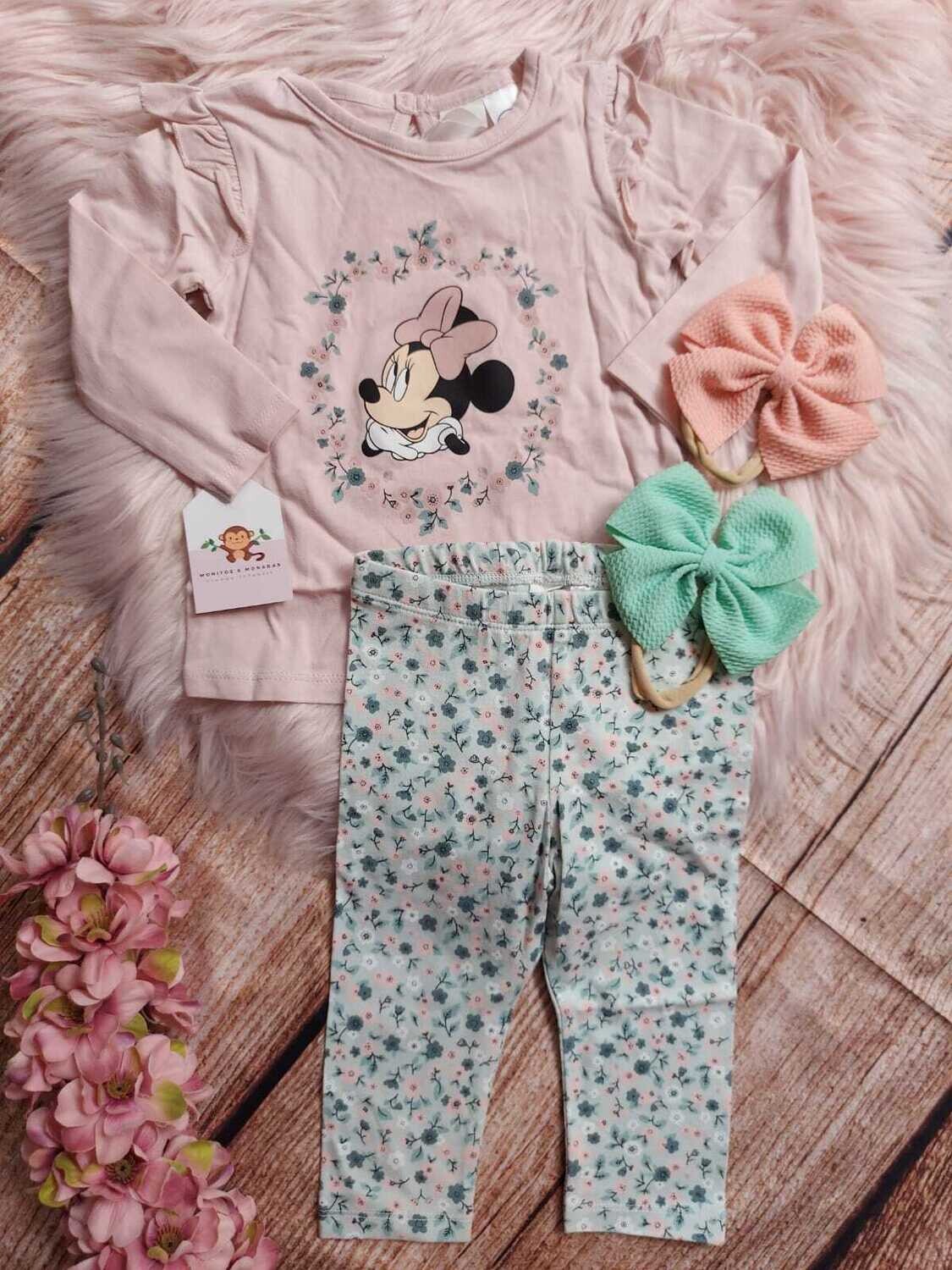 Set 2 piezas hm, blusa palo de rosa minnie + leggins flores verdes, 9 meses