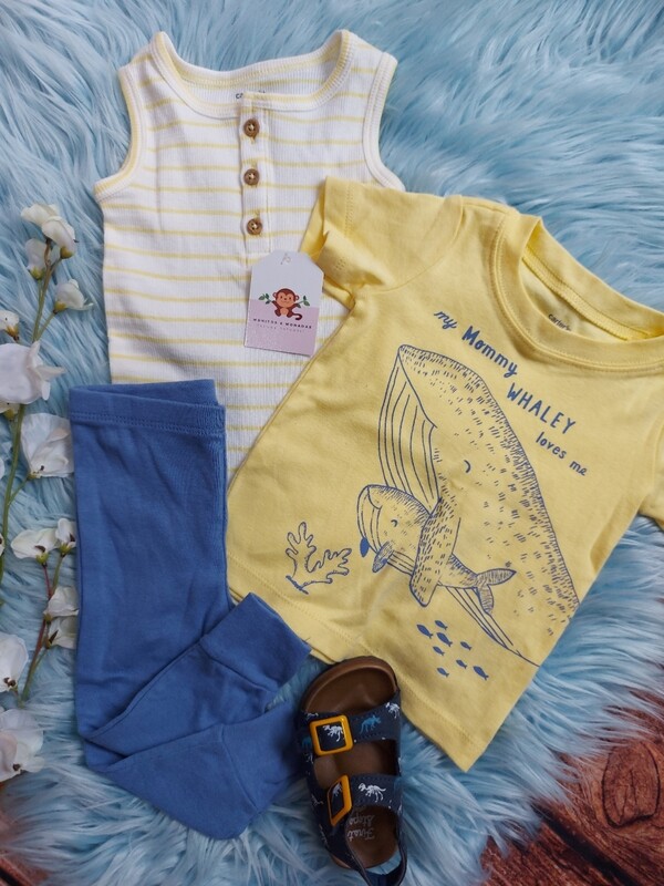 Set 3 piezas carters, body amarillo + camiseta amarilla + short azul, 9 meses