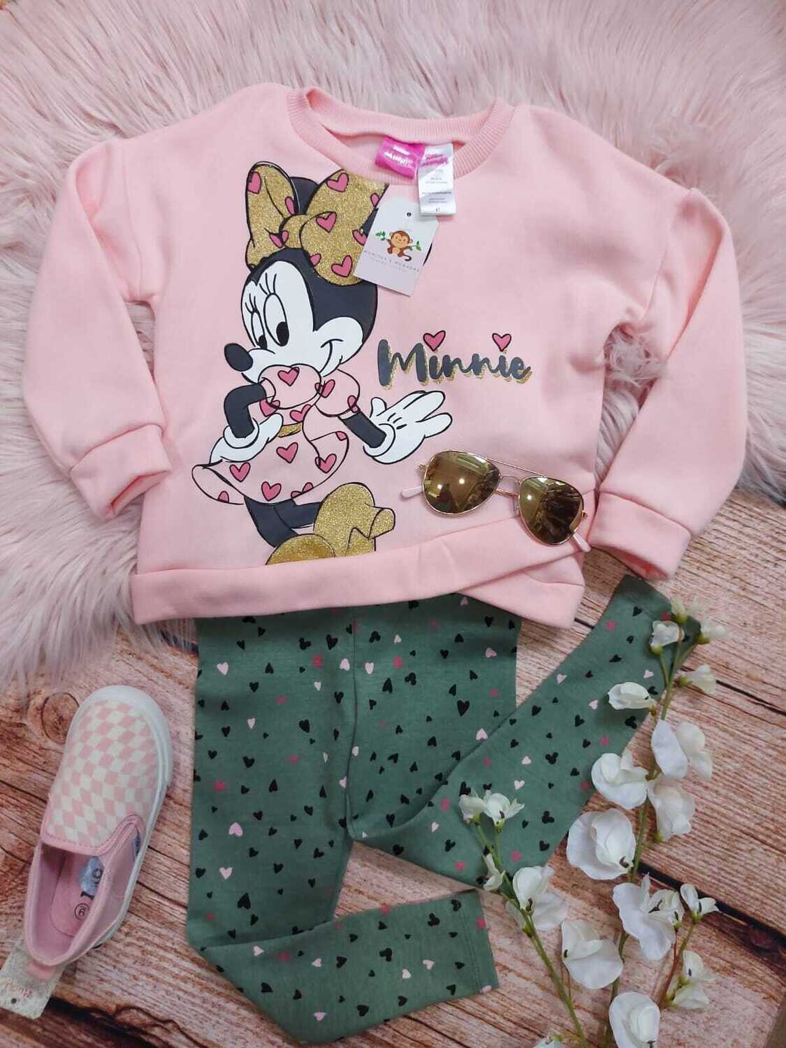 Set 2 piezas Minnie Mouse, abrigo rosado + leggins verde olivo con corazoncitos, 4T