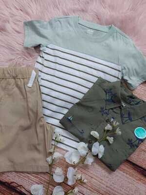 Set 3 piezas, camisa verde palmeras + camiseta + bermuda caqui, 5T