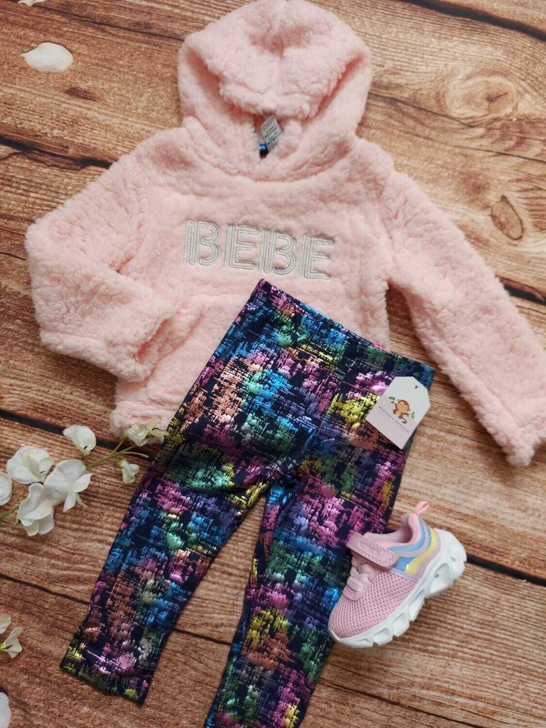 Set 2 piezas bebe girls, abrigo afelpado rosado + leggins multicolor, 2T