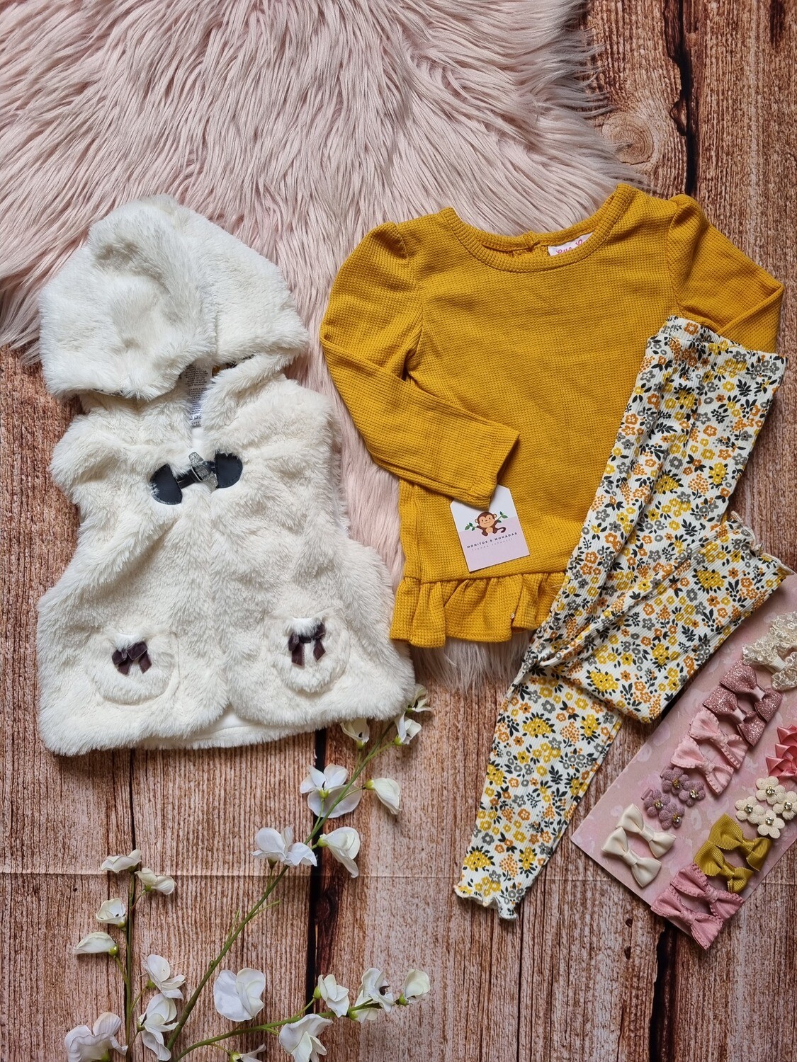 Set 3 piezas Little Lass, abrigo amarillo + leggins flores + chaqueta afelpada, 18 meses