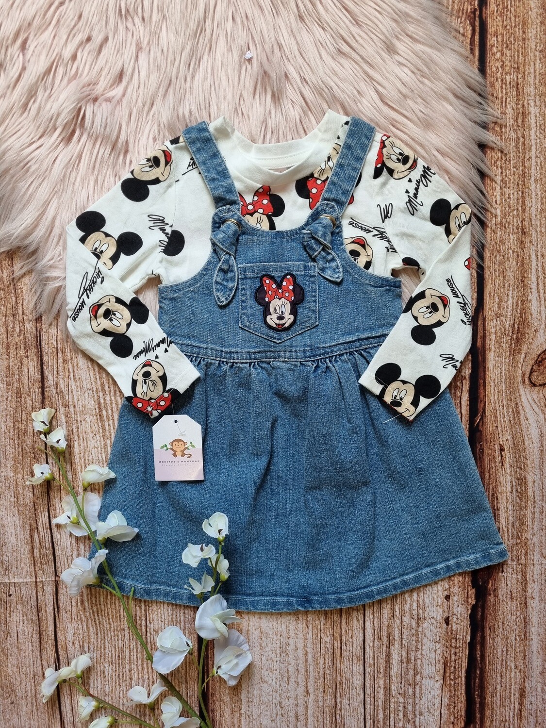 Overall jean + busito blanco Minnie Mouse, 24 meses