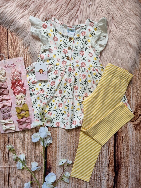 Set 2 piezas, blusa flores + leggins color amarillo, 24 meses