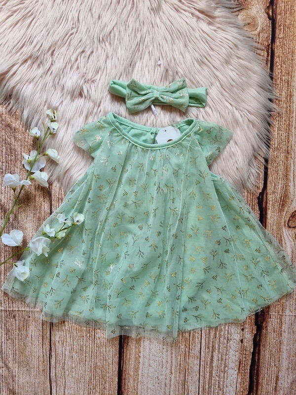 Vestido verde detalles de flores + cintillo, 18 meses