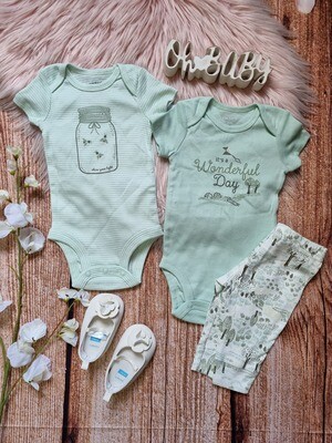 Set 3 piezas, 2 bodysuits verdes + pantaloncito,  9m.