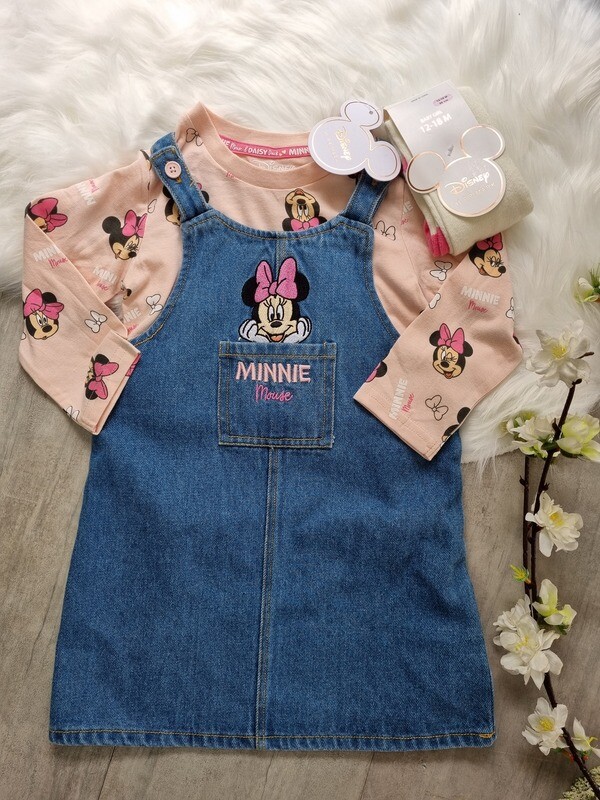 Set 3 piezas Minnie Mouse, Overall jean + busito rosa + medias, 9 a 12m y 12 a 18m