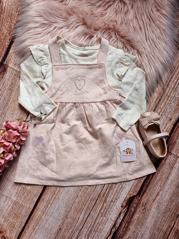 Set 2 piezas Minnie & Daisy, Overall color palo rosa + bodysuit beige, 9 a 12 meses.
