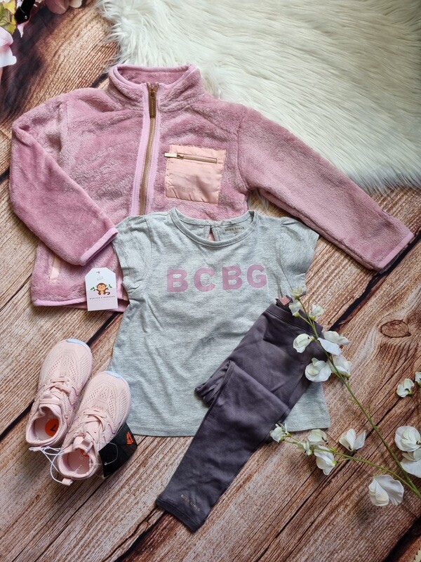 Set 3 piezas BCBG, Camiseta gris + leggins + chaqueta abrigada lila, 3T