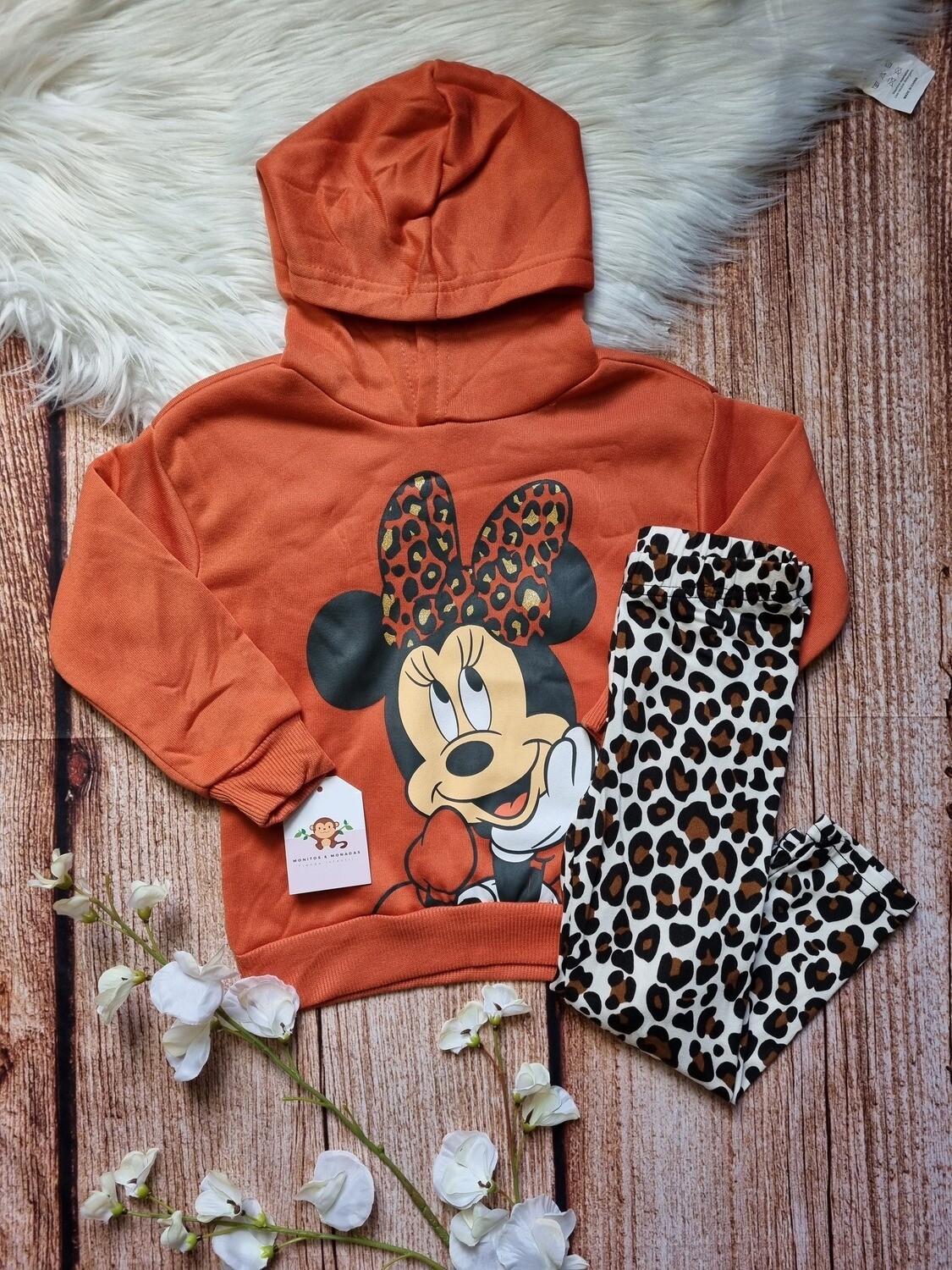 Set 2 piezas Minnie Mouse, abrigo naranja + leggins animal print, 3T