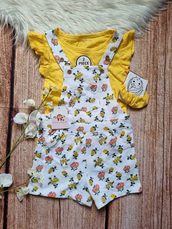 Set 3 piezas, camiseta amarilla + overall flores + moño, 3 años
