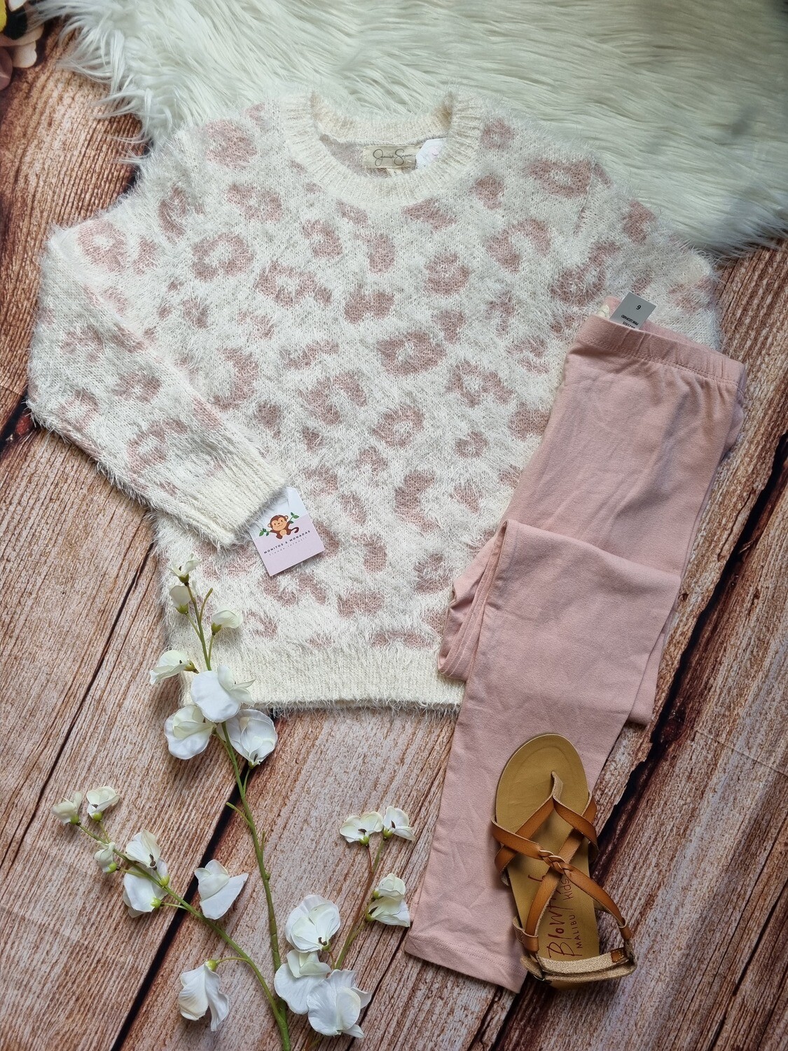 Set 2 piezas Jessica Simpson, busito beige y rosa + leggins rosa pastel, 6T