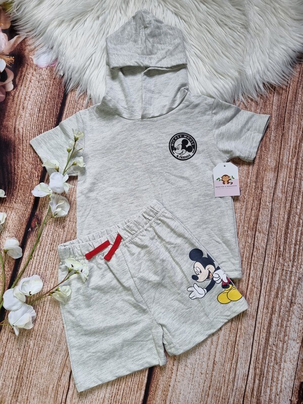 Set 2 piezas Mickey y sus amigos, camiseta con capucha + pantaloneta gris, 24 meses
