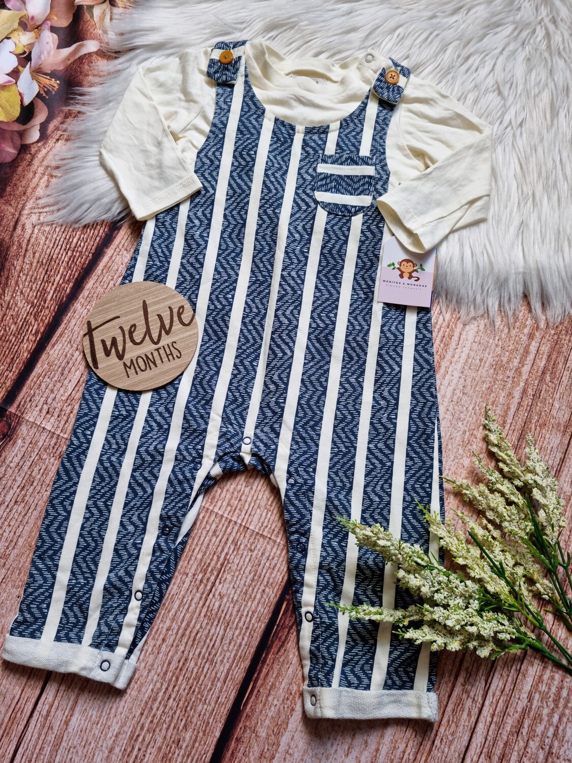 Overall rayas azul + busito beige, 12 meses