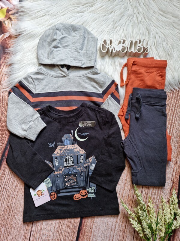 Set 4 piezas, abrigo gris con capucha + buso negro + 2 pantalones, gris y naranja, 18 meses