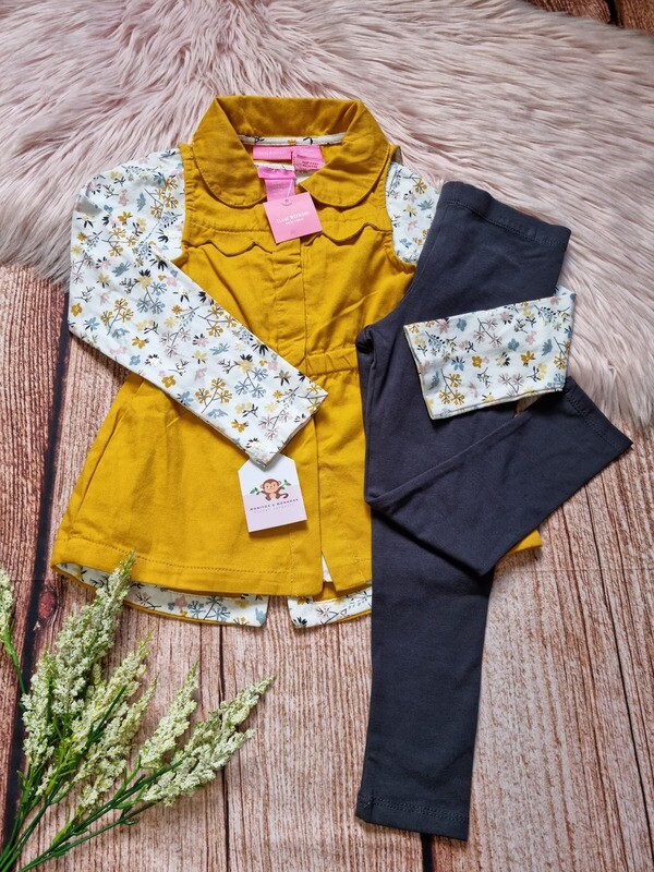 Set 3 piezas, busito flores + chaqueta mostaza + leggins gris, 4T