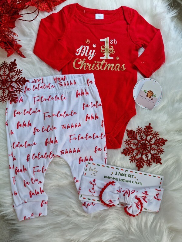 Set 3 piezas, bodysuit roja My First Christmas + pantalón + cintillo, 0 a 3m