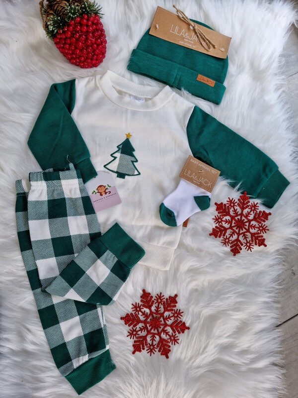 Set 4 piezas Lila & Jack, busito blanco y verde + pantalón a cuadros + gorrito verde + medias, 3 a 6m