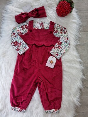 Set 3 piezas Rachel Zoe, overall color vino + bodysuit flores + cintillo, 6 a 9m