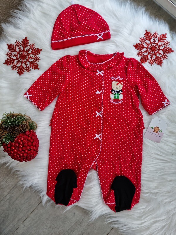 Set 2 piezas Little Me, Monito rojo con puntos blancos + gorrito, Rn, 3m y 6m