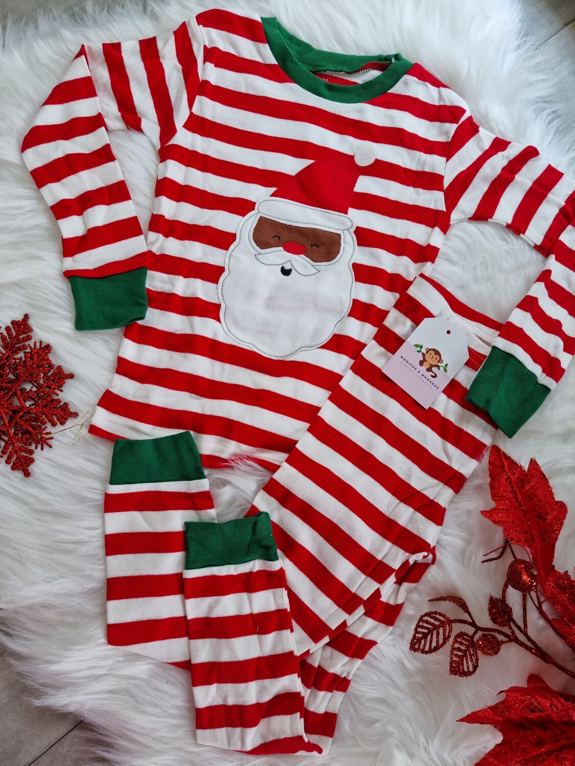 Pijama navideña Papá Noel, busito y pantalón rayas rojas, 3T y 4T