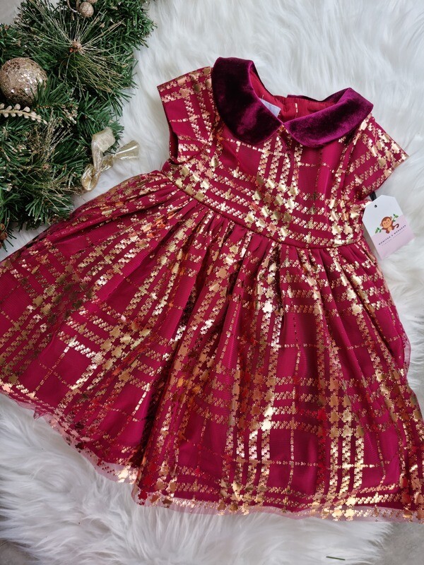 Vestido color vino con cuadros dorados, 2 años