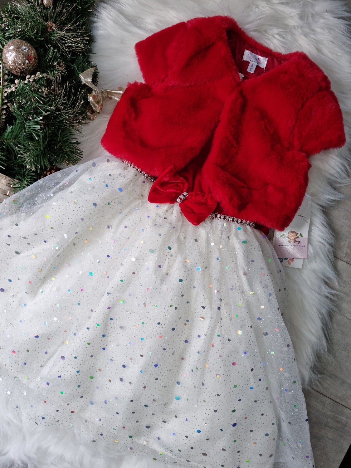 Vestido navideño rojo y blanco + chaleco, 5T