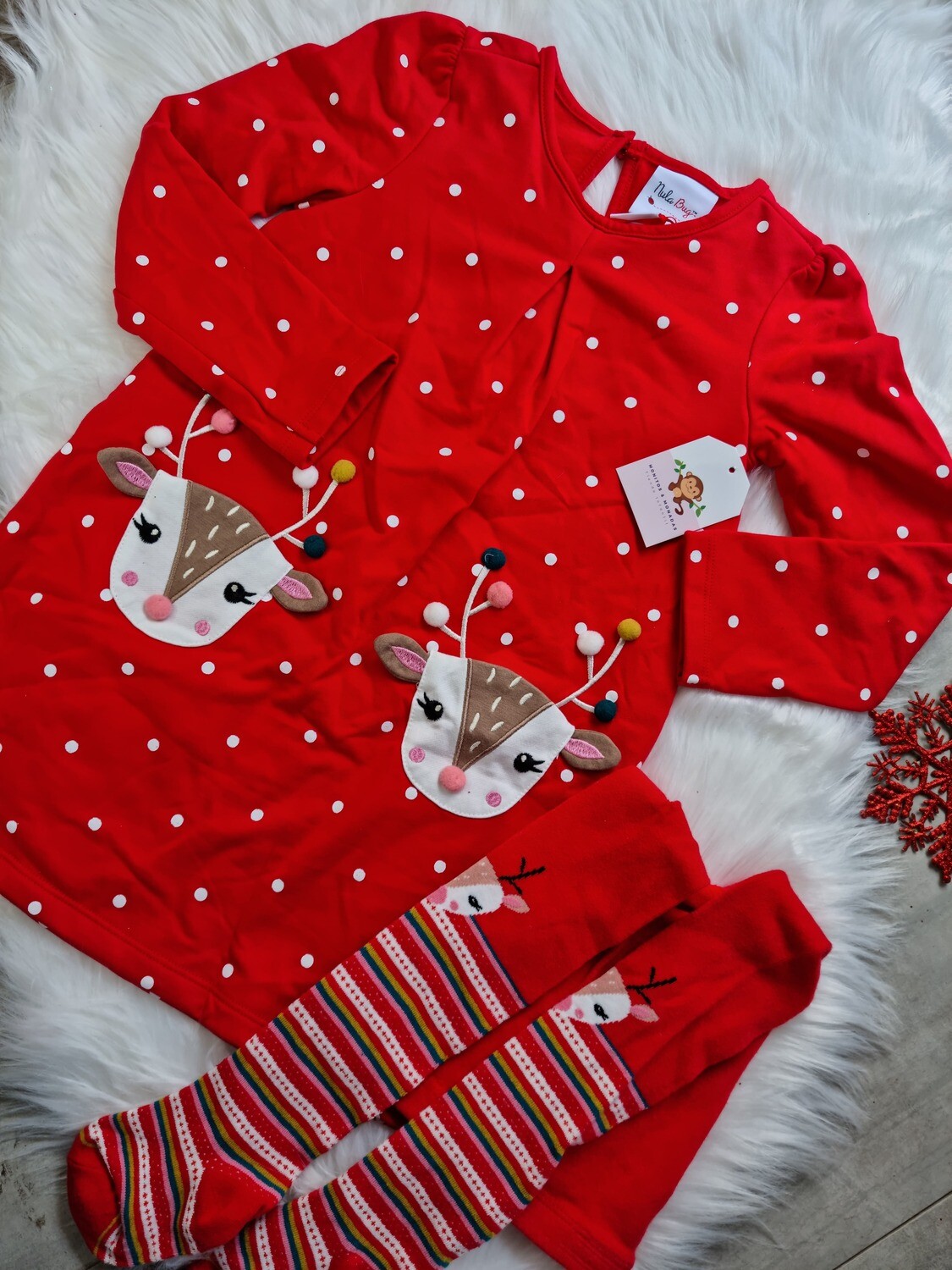 Vestido rojo navideño con puntitos blancos + medias largas, 4T