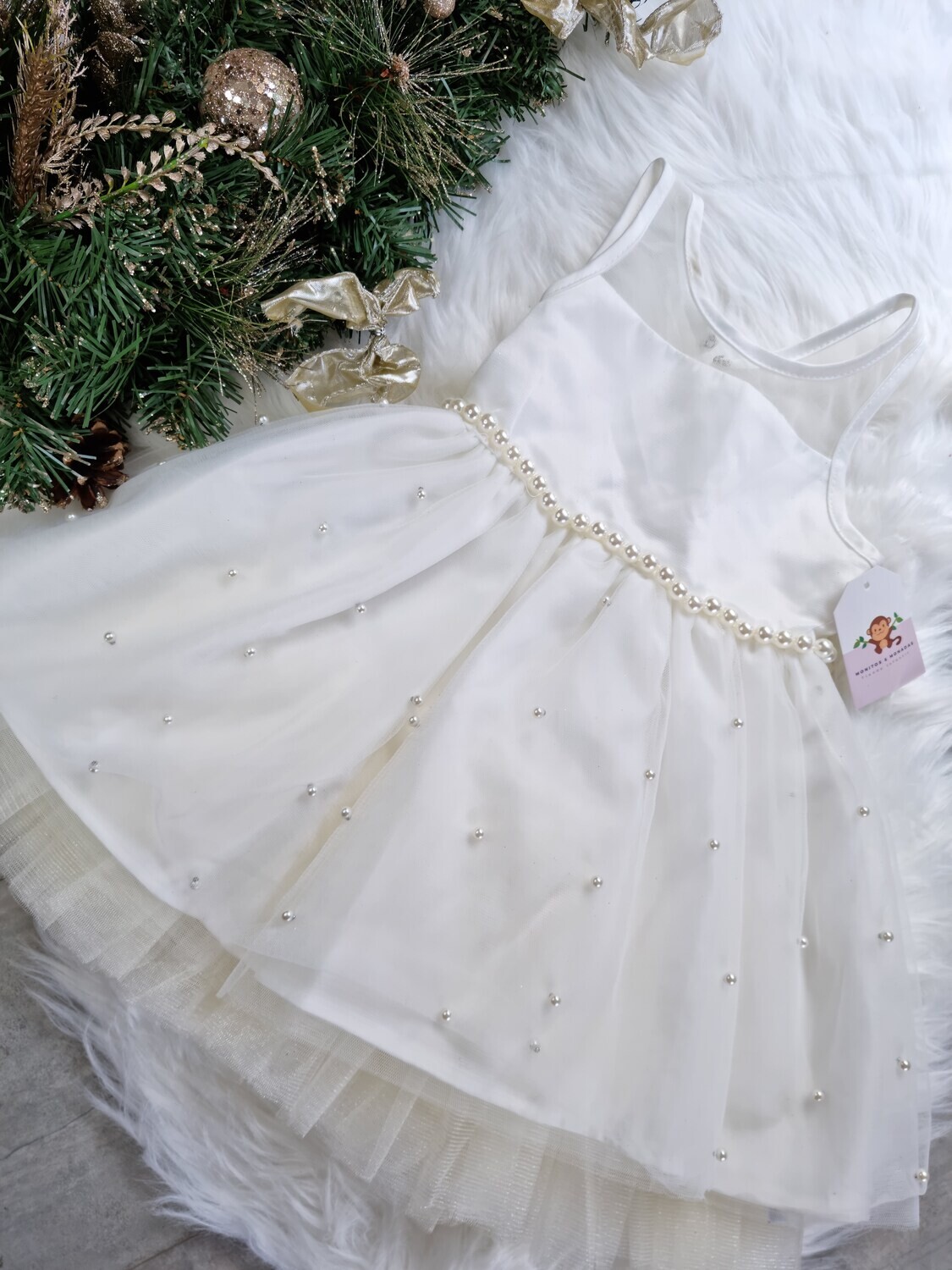 Vestido blanco con detalles de perlitas, American Princess, 2T
