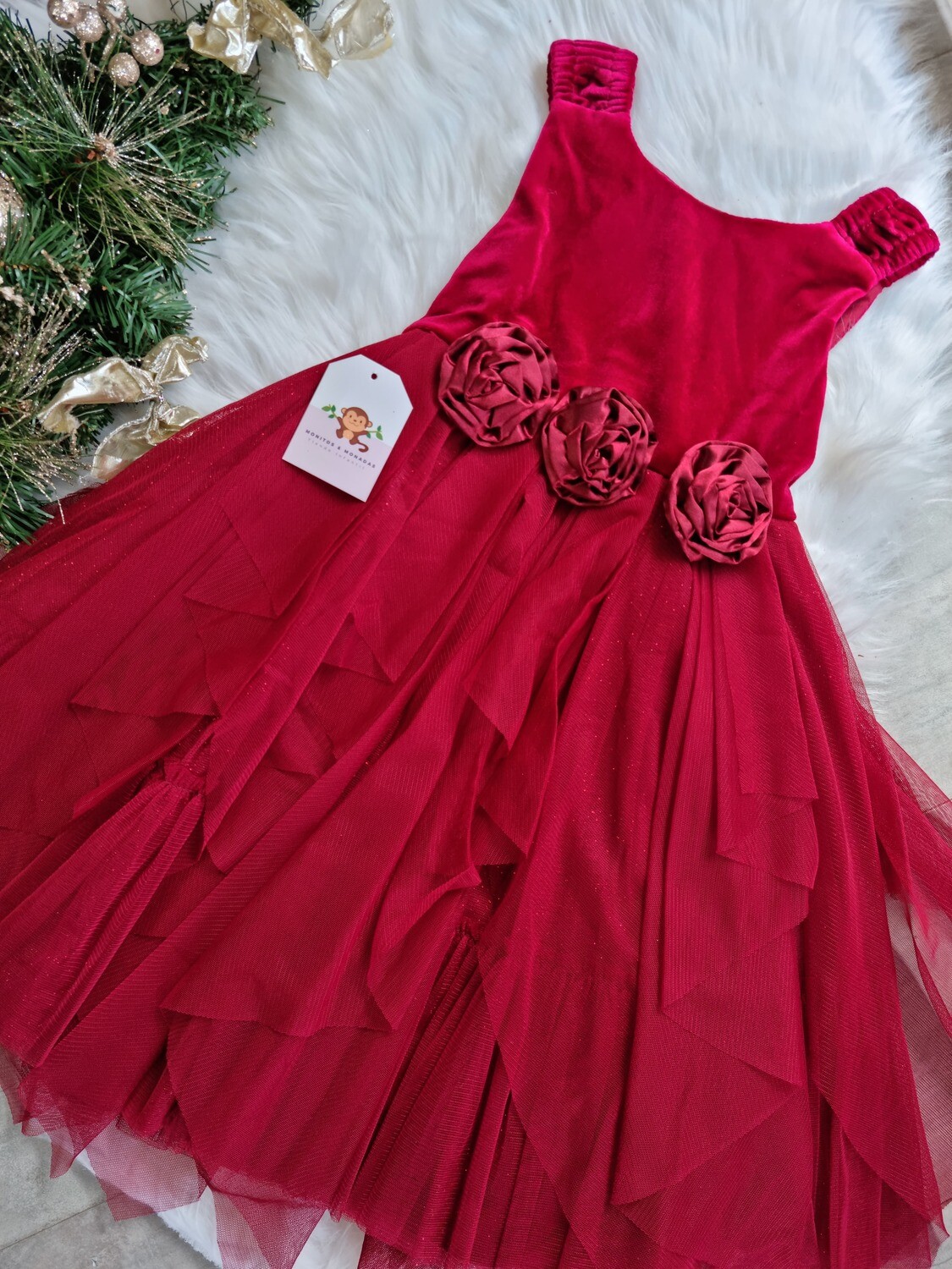 Vestido rojo, detalle de rosas, Couture Princess, 4 años