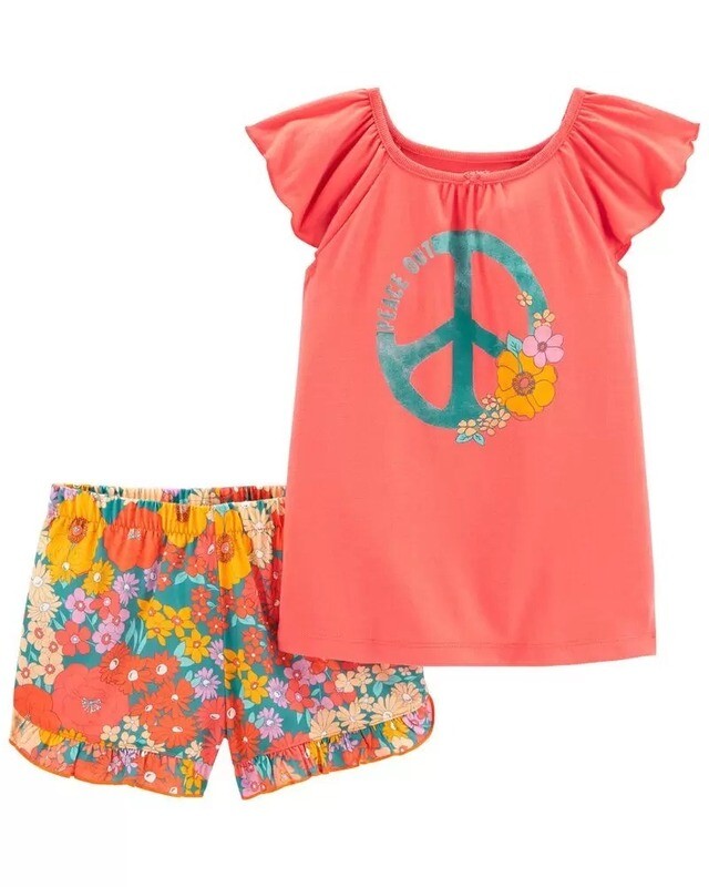 Set 2 piezas, blusa anaranjada Peace + short con flores, 6T y 7T