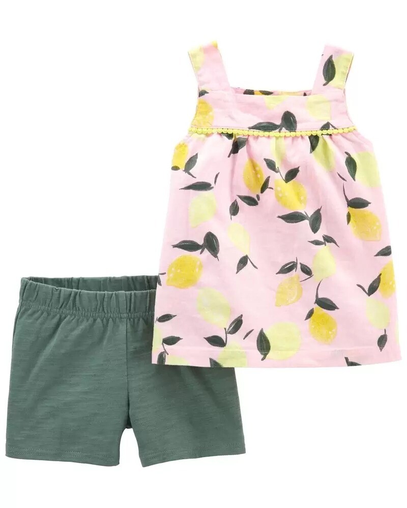 Set 2 piezas, blusa rosada detalles de limoncitos + short verde, 5 años