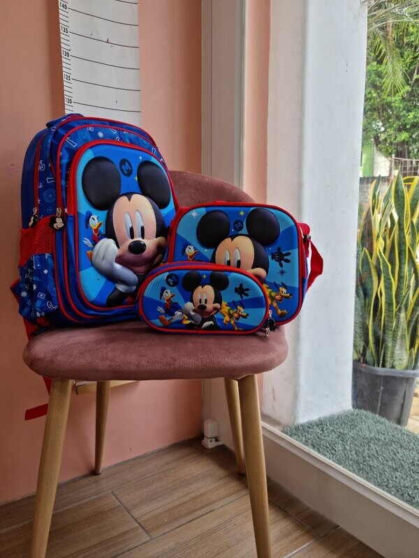 Pack 3 piezas, maleta + cartuchera + lonchera, Mickey Mouse