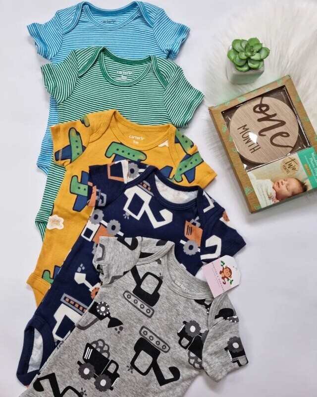 Pack 5 bodysuits tractorcitos, 0 a 3 meses