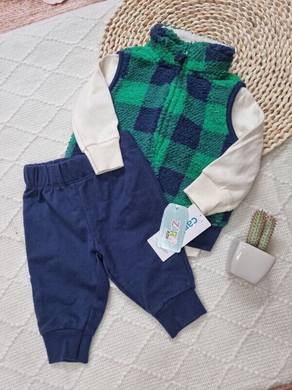 Set 3 piezas, chaleco cuadros verde y azul + body blanca + pantalón azul, 3m