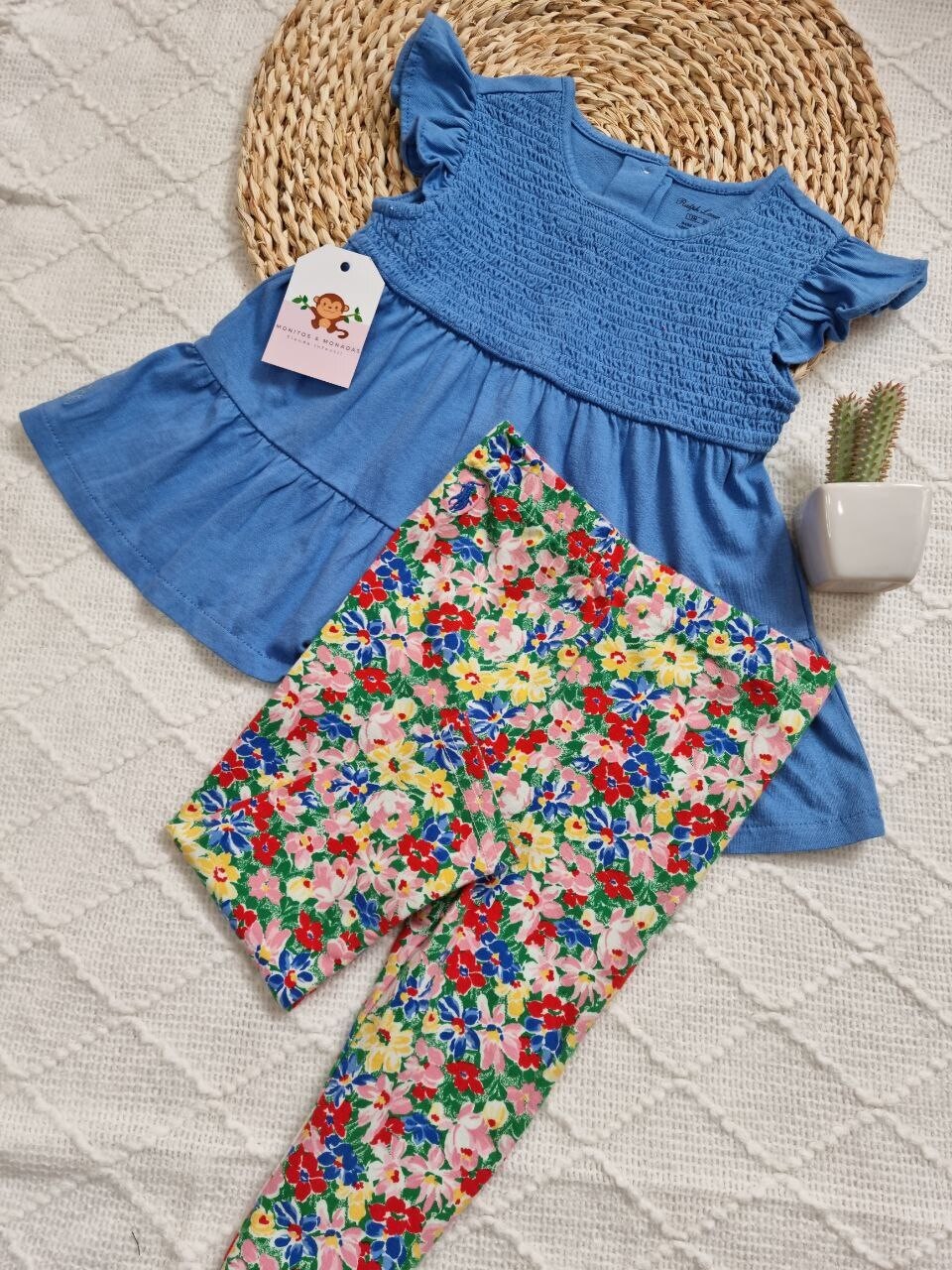 Set Polo Ralph L, blusa azul + leggins flores, 12m