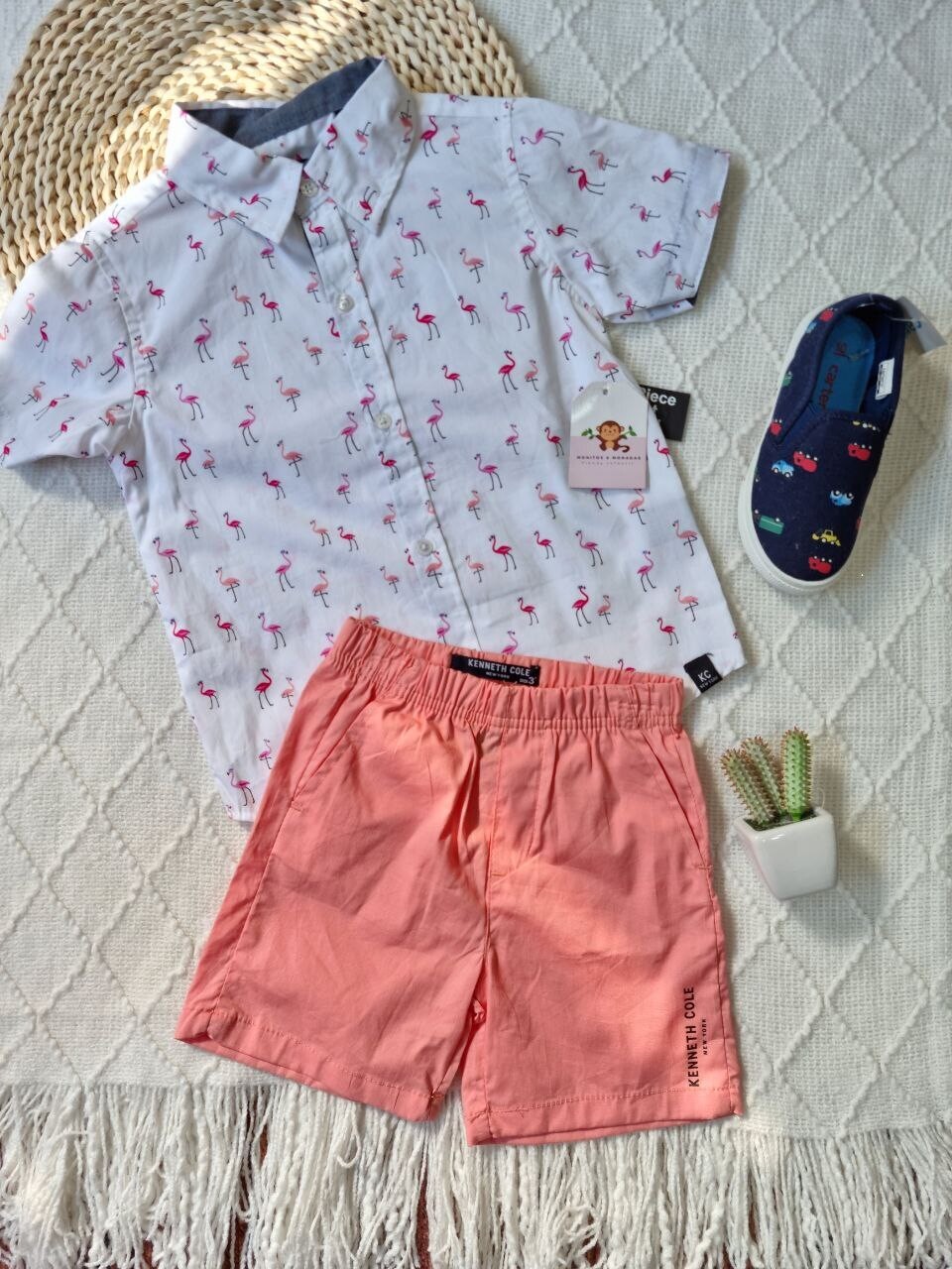 Set 2 piezas, camisa blanca flamingos + short rosa, 3t
